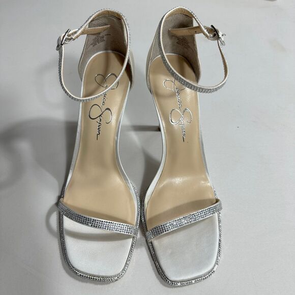 Jessica Simpson Ostey Sandals Sz 9 Silver Ankle Strap Square Toe Stiletto Heel - Picture 4 of 12